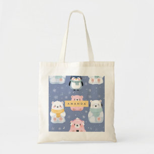 Personalized Cute Winter Bear & Penguin Pattern  Tote Bag