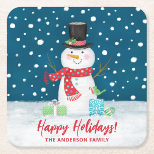 Personalized Cute Winter Snowman Christmas  Square Paper Coaster