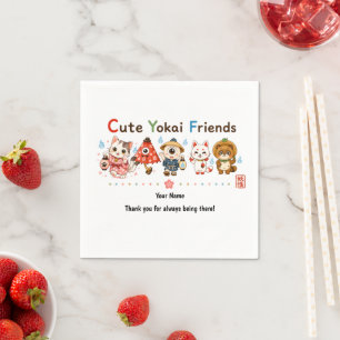 Personalized Cute Yokai Friends Mug Custom Name Napkin