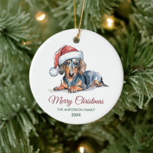 Personalized Dachshund in Santa Hat Christmas      Ceramic Ornament