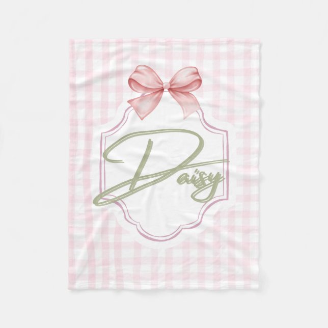 Personalized Daisy Baby Girl Nursery Bow&Gingham Fleece Blanket (Front)