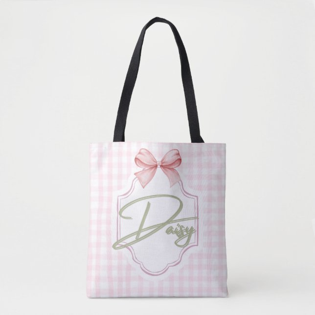 Personalized Daisy Baby Girl Nursery Bow&Gingham Tote Bag (Front)