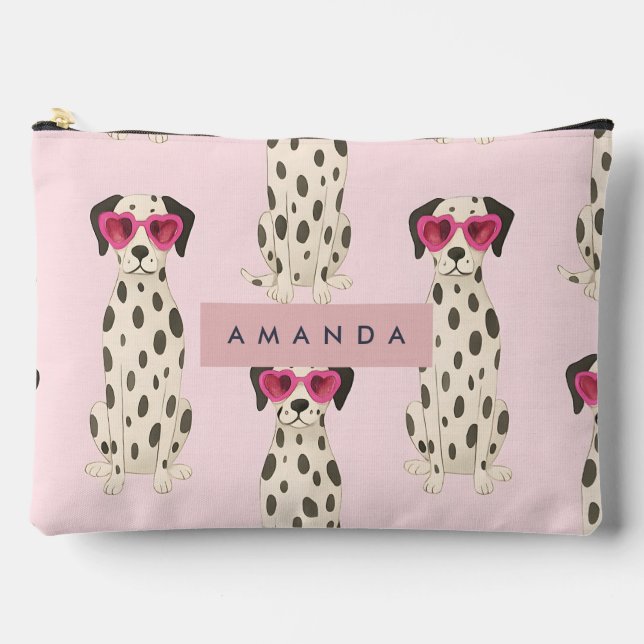 Personalized Dalmatian Dog with Pink Heart Glasses Accessory Pouch (Front)