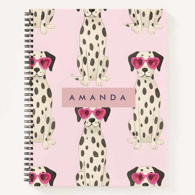 Personalized Dalmatian Dog with Pink Heart Glasses Notebook (Front)