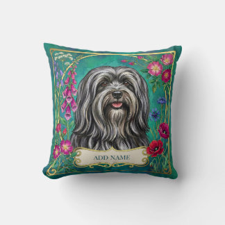 Personalized Dark Gray Lhasa Apso Floral Cushion