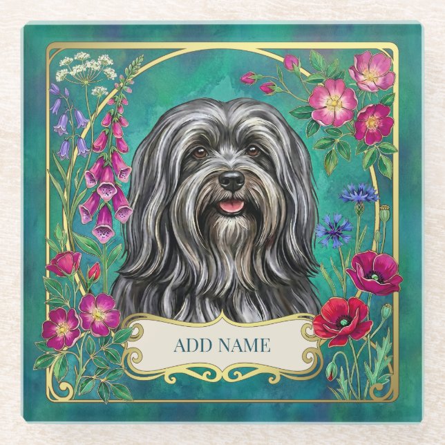 Personalized Dark Gray Lhasa Apso Glass Coaster (Front)