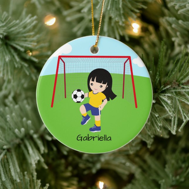 Personalized Dark Haired Soccer Girl Christmas Ceramic Ornament (Tree)