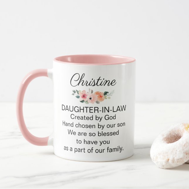 Personalized Daughter In Law Religious Poem Floral Mug (With Donut)