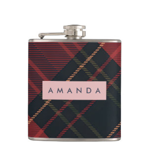 Personalized Deep Red and Black Tartan Plaid Hip Flask
