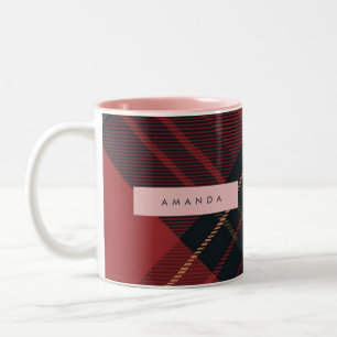 Personalized Deep Red and Black Tartan Plaid Two-Tone Coffee Mug