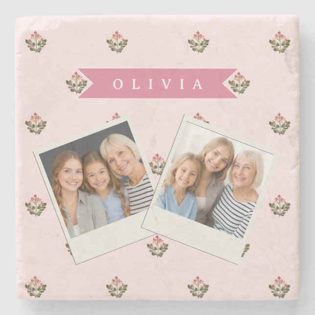 Personalized Delicate Botanical Floral Romantic Stone Coaster (Front)