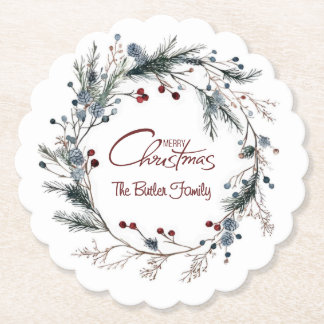 Personalized Delicate Christmas Floral Wreath Paper Coaster