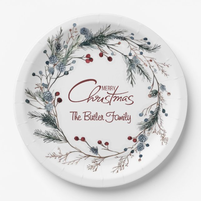Personalized Delicate Christmas Floral Wreath Paper Plate (Front)