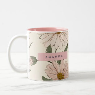 Personalized Delicate Pink Daisy Illustration Two-Tone Coffee Mug