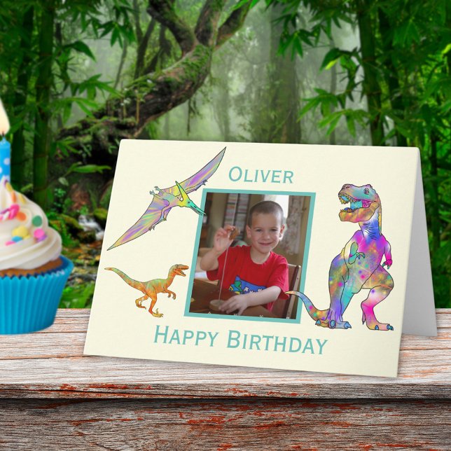 Personalized Dinosaur Birthday Photo & Name Card (Colorful Dinosaurs custom photo happy birthday greetings card with T-Rex velociraptor & pterodactyl)