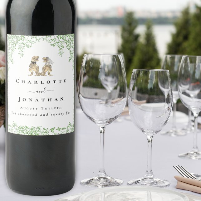 Personalized Dinosaur Bride & Groom Wedding Wine Label (T-Rex bride and groom dinosaur wedding custom wine labels Watercolor eucalyptus foliage T-Rex couple)