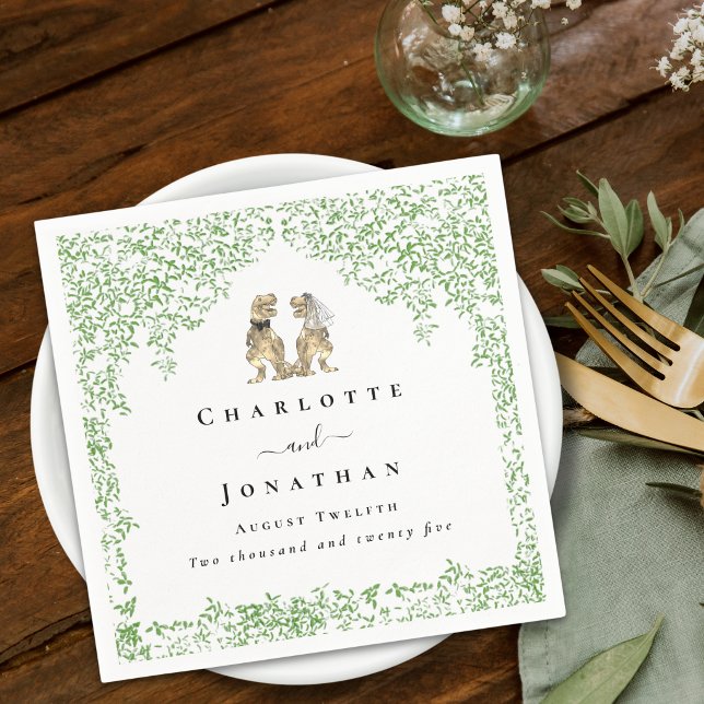Personalized Dinosaur Wedding Napkin (Personalized dinosaur T-Rex bride and groom wedding napkins Watercolor Jurassic eucalyptus foliage)