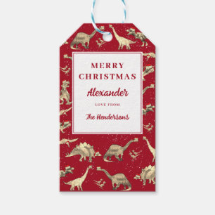 Personalized Dinosaurs in the Snow Red Christmas Gift Tags
