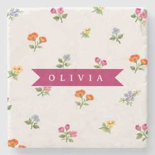Personalized Ditsy Floral Cottagecore Wildflower Stone Coaster
