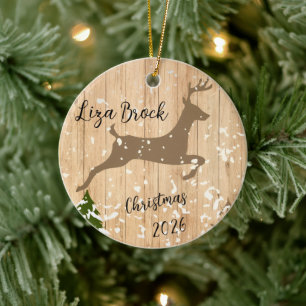 Personalized doe Christmas bauble wooden backgroun Ceramic Ornament