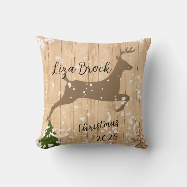 Personalized doe Christmas bauble wooden backgroun Cushion (Front)