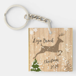 Personalized doe Christmas bauble wooden backgroun Key Ring