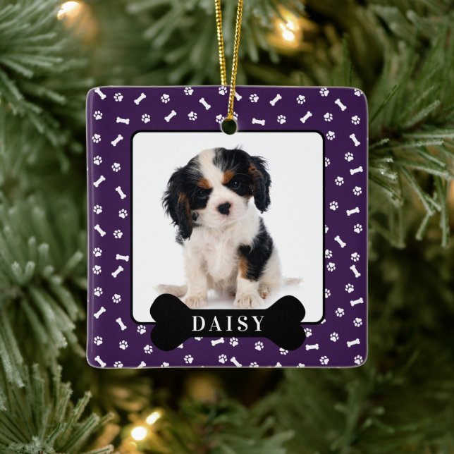 Personalized Dog Bone & Pawprint Holiday Photo Pet Ceramic Ornament (Tree)