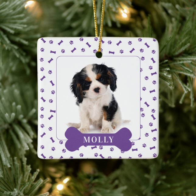 Personalized Dog Bone & Pawprint Holiday Photo Pet Ceramic Ornament (Tree)