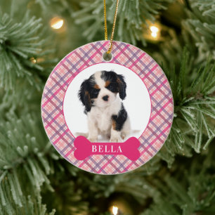 Personalized Dog Festive Plaid Holiday Photo Pet C Ceramic Ornament