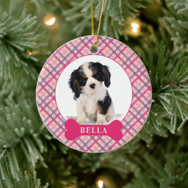 Personalized Dog Festive Plaid Holiday Photo Pet C Ceramic Ornament (Tree)