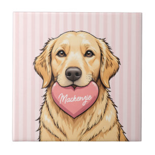 Personalized Dog with Pink Heart Ceramic Tile