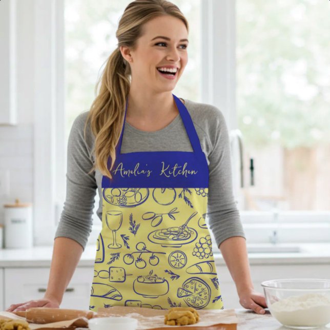 Personalized Dolce Vita Food Pattern Blue Yellow Apron (Creator Uploaded)