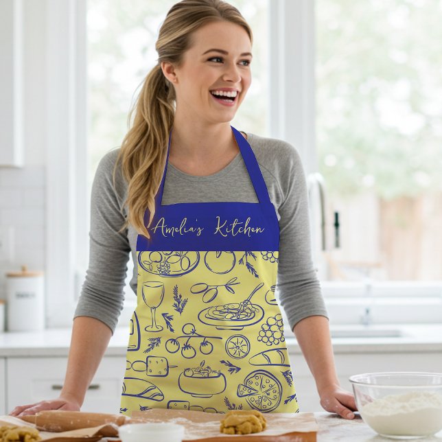 Personalized Dolce Vita Food Pattern Blue Yellow Apron (Creator Uploaded)