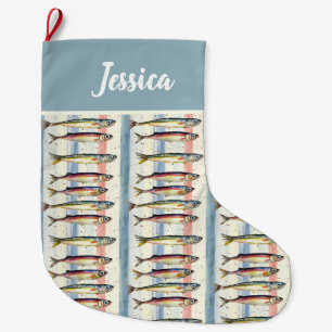 Personalized  Double Sided Quirky Sardine Design Large Christmas Stocking
