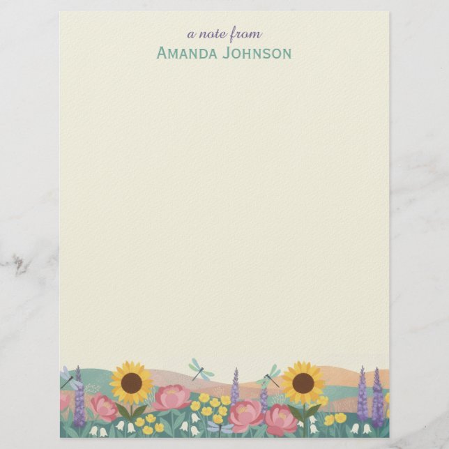 Personalized Dragonfly Flower Field Custom Name Letterhead (Front)