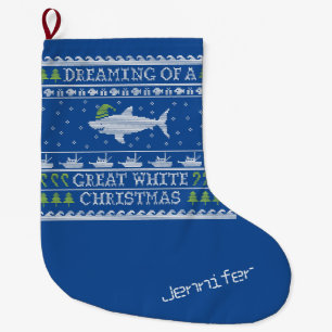 Personalized Dreaming of Great White Shark Blue Large Christmas Stocking