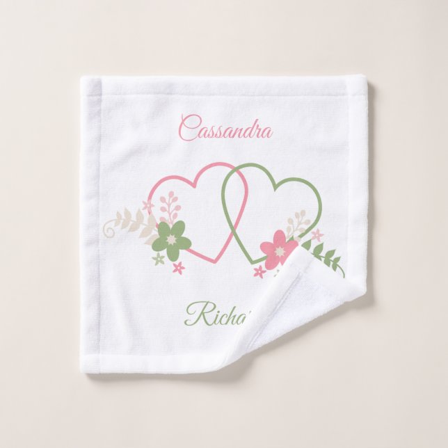 Personalized Dual Hearts Newlywed Bath Towel Set (Wash Cloth)