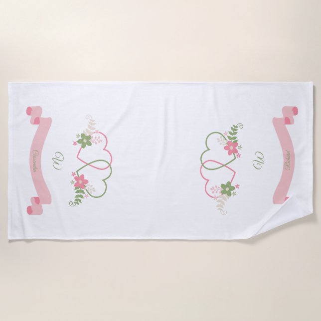 Personalized Dual Hearts Newlywed Beach Towel (Front)