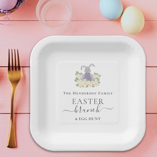 Personalized Easter Brunch and Egg Hunt  Paper Plate (Personalized Easter brunch and bunny egg hunt spring party paper plates Elegant whimsical script)