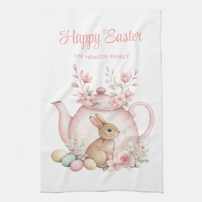 Personalized Easter Bunny Teapot Family  Tea Towel (Vertical)