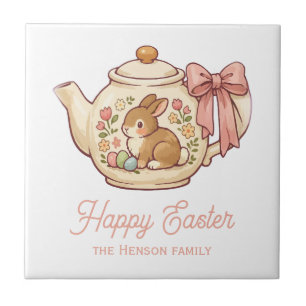 Personalized Easter Bunny Teapot Floral  Ceramic Tile