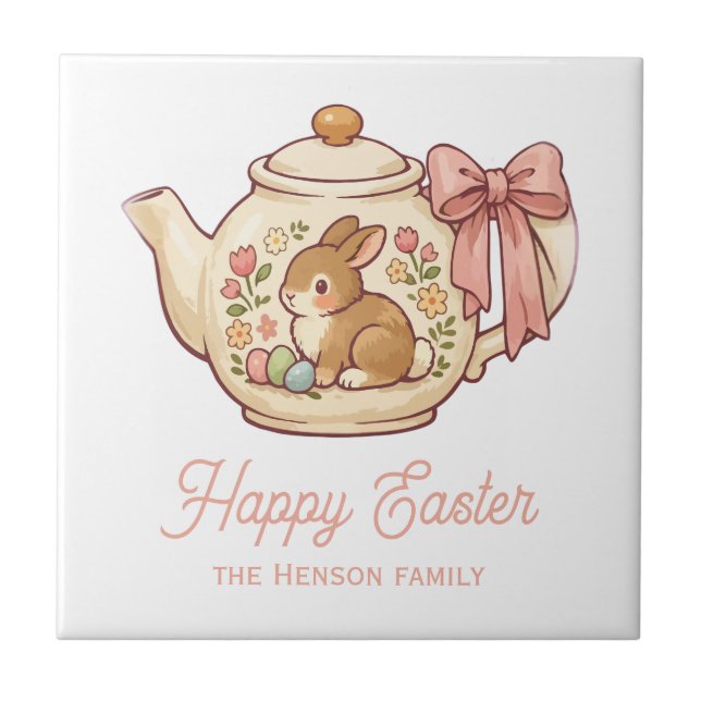 Personalized Easter Bunny Teapot Floral  Ceramic Tile (Front)
