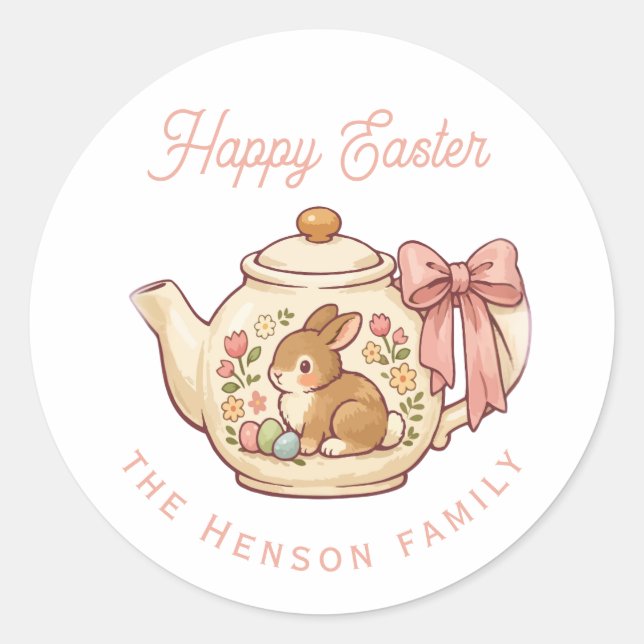 Personalized Easter Bunny Teapot Floral Party Classic Round Sticker (Front)