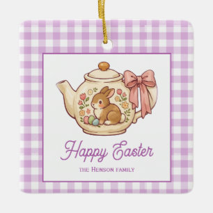 Personalized Easter Bunny Teapot Gingham Family Ceramic Ornament