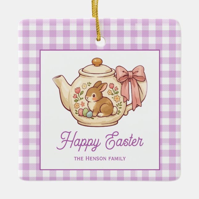 Personalized Easter Bunny Teapot Gingham Family Ceramic Ornament (Front)