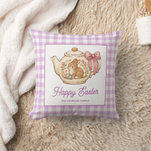 Personalized Easter Bunny Teapot Gingham Family Cushion