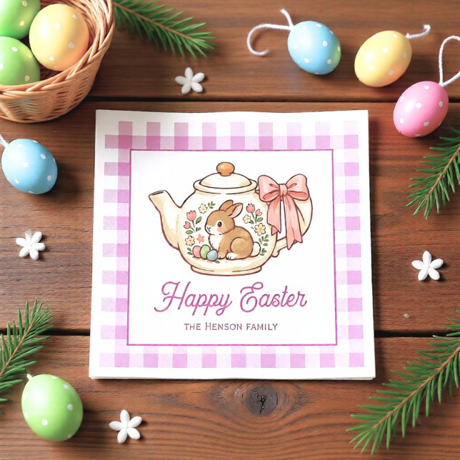 Personalized Easter Bunny Teapot Gingham Family Napkin (Creator Uploaded)