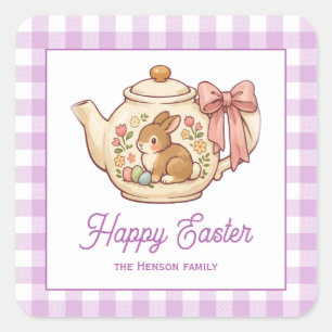 Personalized Easter Bunny Teapot Gingham Family Square Sticker