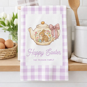Personalized Easter Bunny Teapot Gingham Family Tea Towel