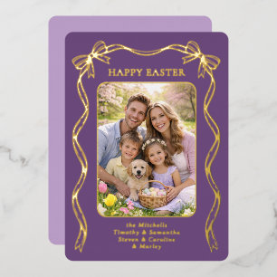 Personalized Easter Family Photo Gold Ribbon Bow Foil Holiday Card